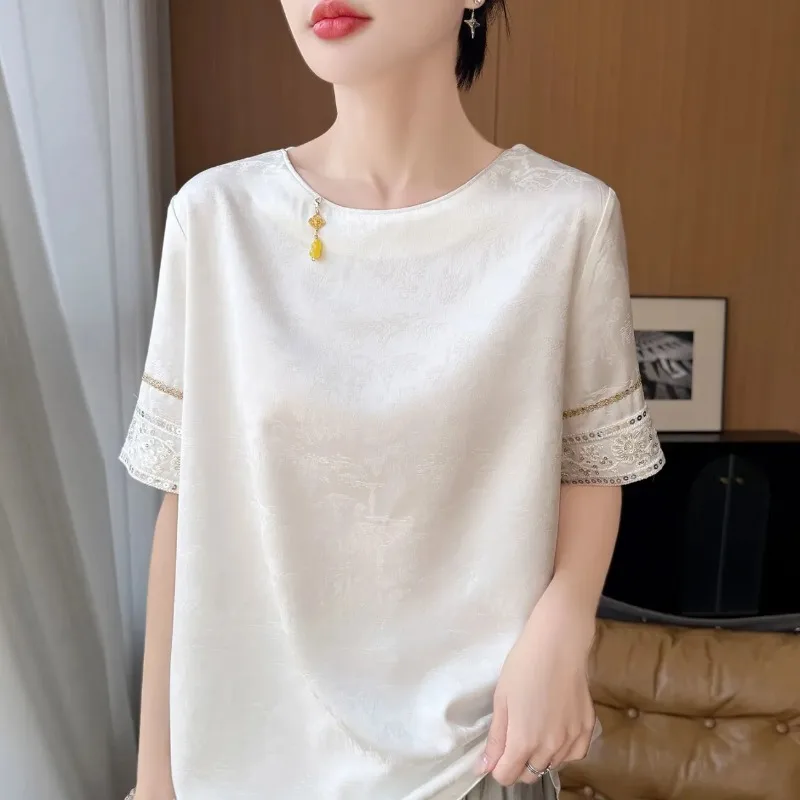 Luxury New Chinese Jacquard Satin Short Sleeve Top Lace Beaded Cuff Loose Blouse Women S-4XL