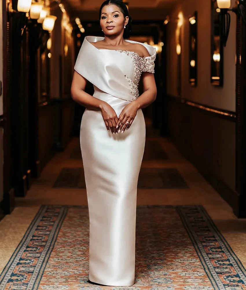 

MCDV Customized Luxury Satin Straight Off the Shoulder Crystal Sequined Evening Dress Delicate Floor Length Party Gowns