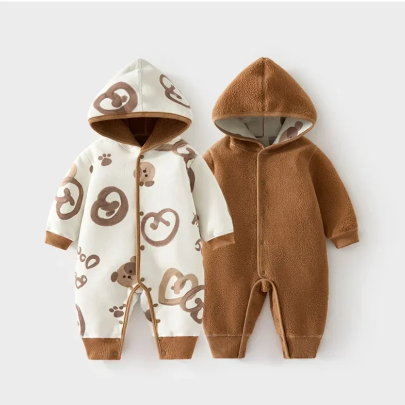 2025 Autumn Winter Baby Reversible Romper Cute Cartoon Printed Hooded Fleece Jumpsuit 2-Way Wear Warm Outfit for Infant 1-3Y