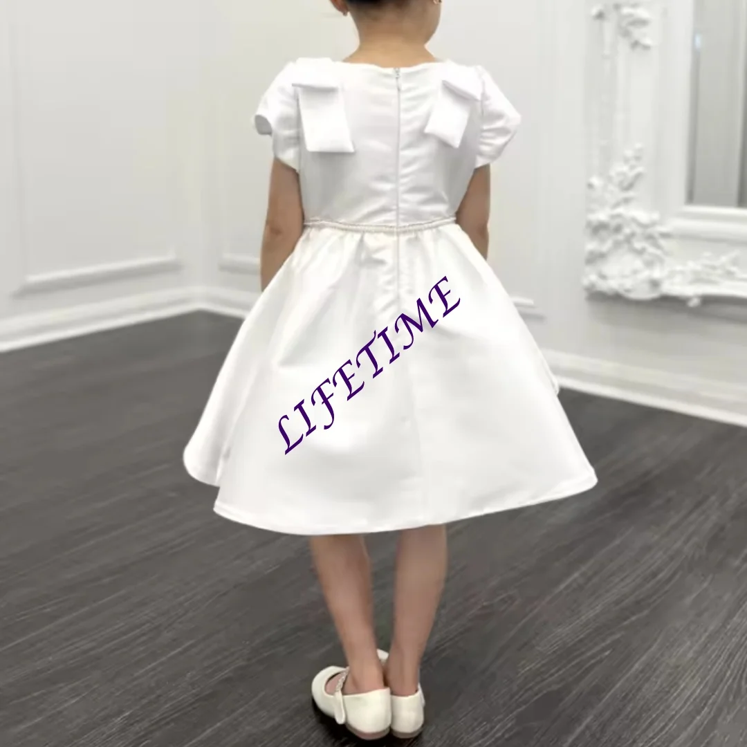 Bonito cetim criança pageant vestido branco flor menina vestido para crianças arcos pricness meninas vestido de natal para ocasião especial