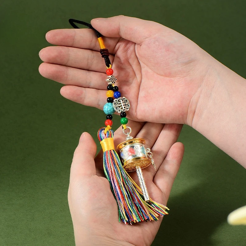 Tibetan Vajra Cross Pendant Keychain Mini Prayer Wheel Souvenir with Colorful Tassel