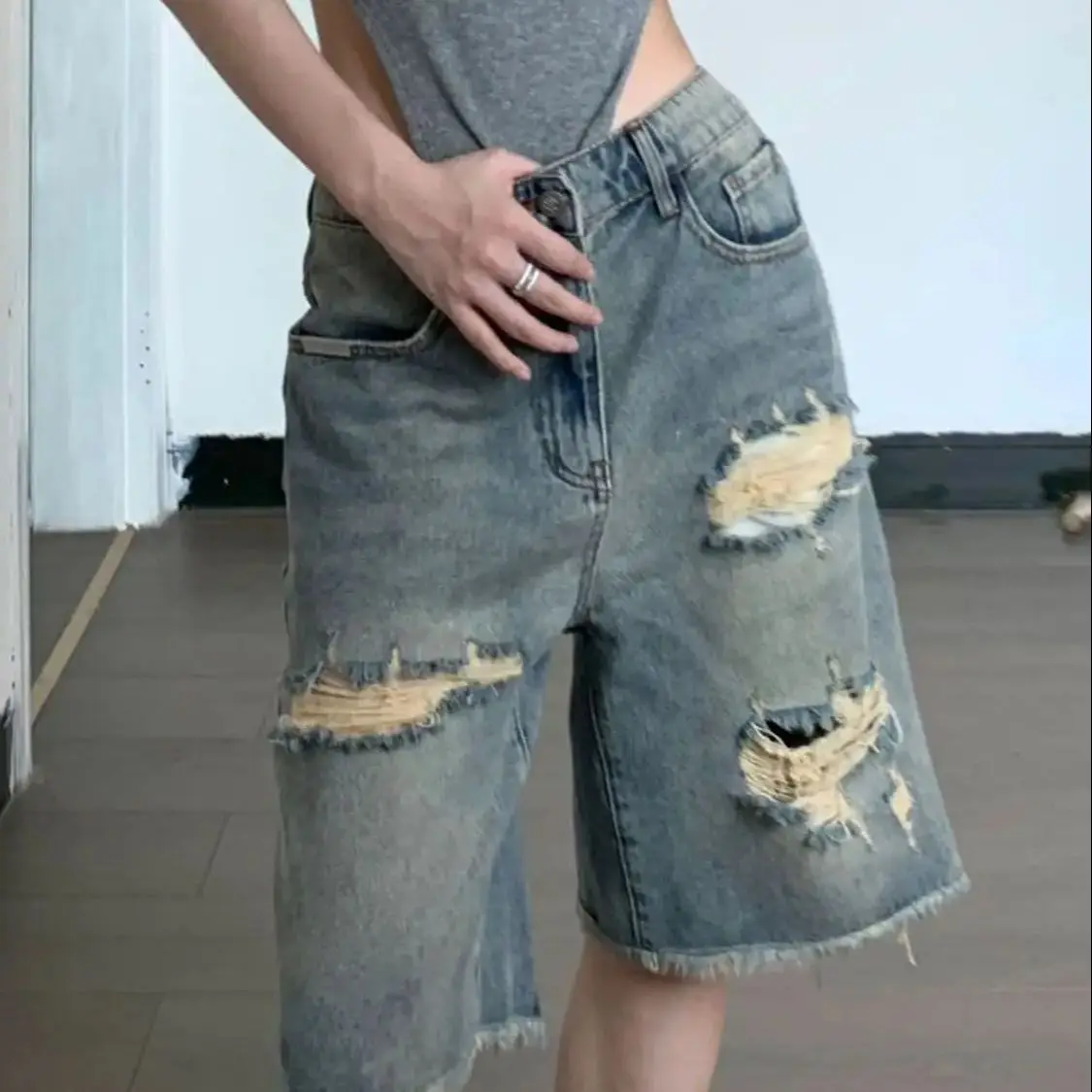 

Ripped Denim Shorts High Waist Retro Women'S Grunge Shorts Korean Harajuku Streetwear Denim Quarter Pants Summer