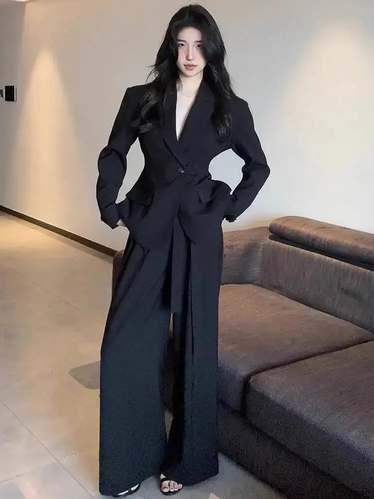 Blazer élégant pour femmes, tenue de bureau, jambes larges, taille haute, pantalon, bouton unique, col rabattu, nouvelle collection 2025, toutes saisons