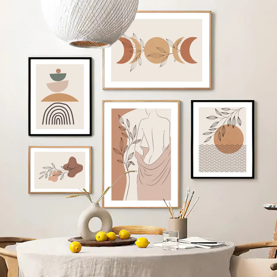 Boho Abstract Lines Girl Leaf Geometry Wall Art Canvas Painting Nordic Minimalist Posters Prints Pictures For Living Room Decor