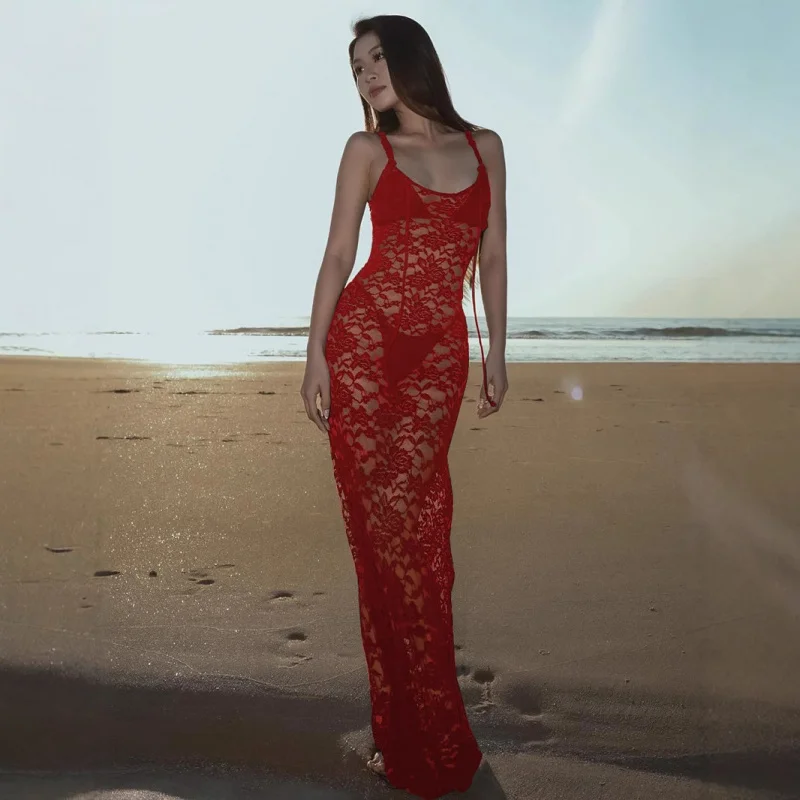 

New Women'S Fashion One Piece Neck Sexy Perspective Lace Slimming Strap Dress