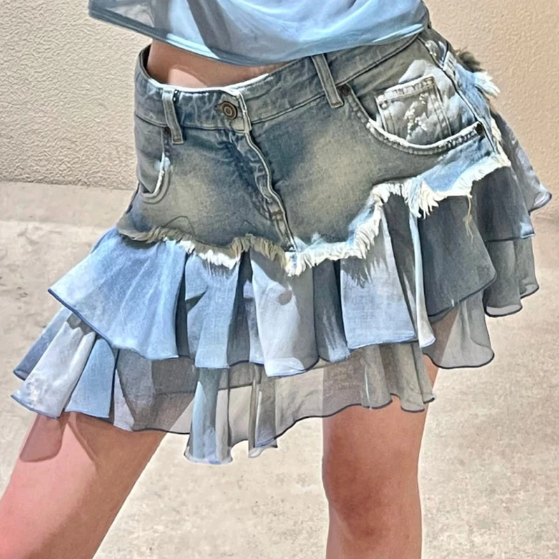 2023 Spring and Autumn New Fashion Royal Sister Fan High Waist Design Spliced Denim Half Skirt  Slim Fit