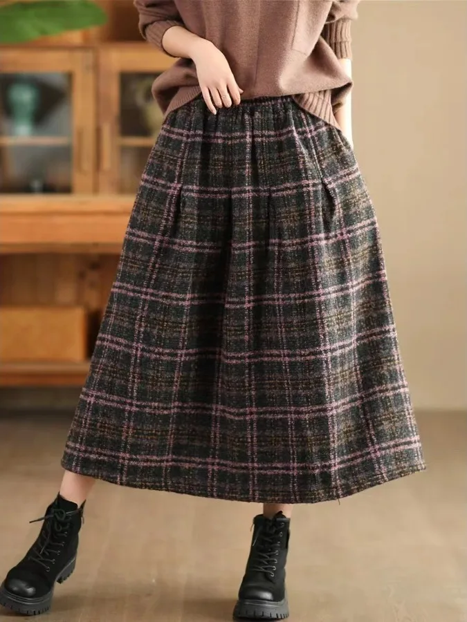 Authentic Autumn Winter Woolen Plaid Midi Skirt Women's High Waist A-Line Skirt Commute Friendly Health Fabric Cotton Blend