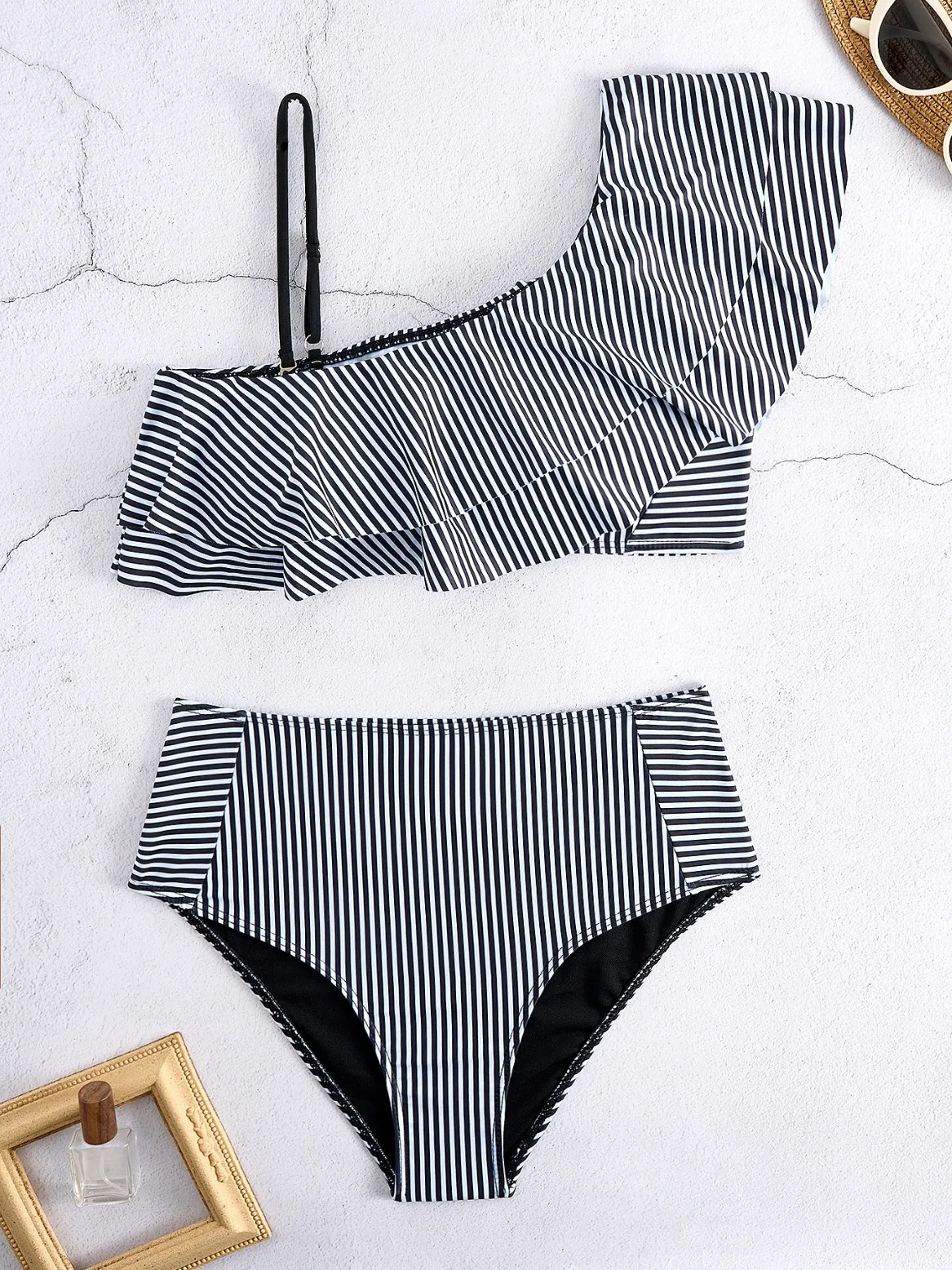 Blue Striped Bikini Set Women's One Shoulder Ruffle High Waist Two Piece Swimwear Sexy Beach Bathing Suit Holiday Beach Outfits