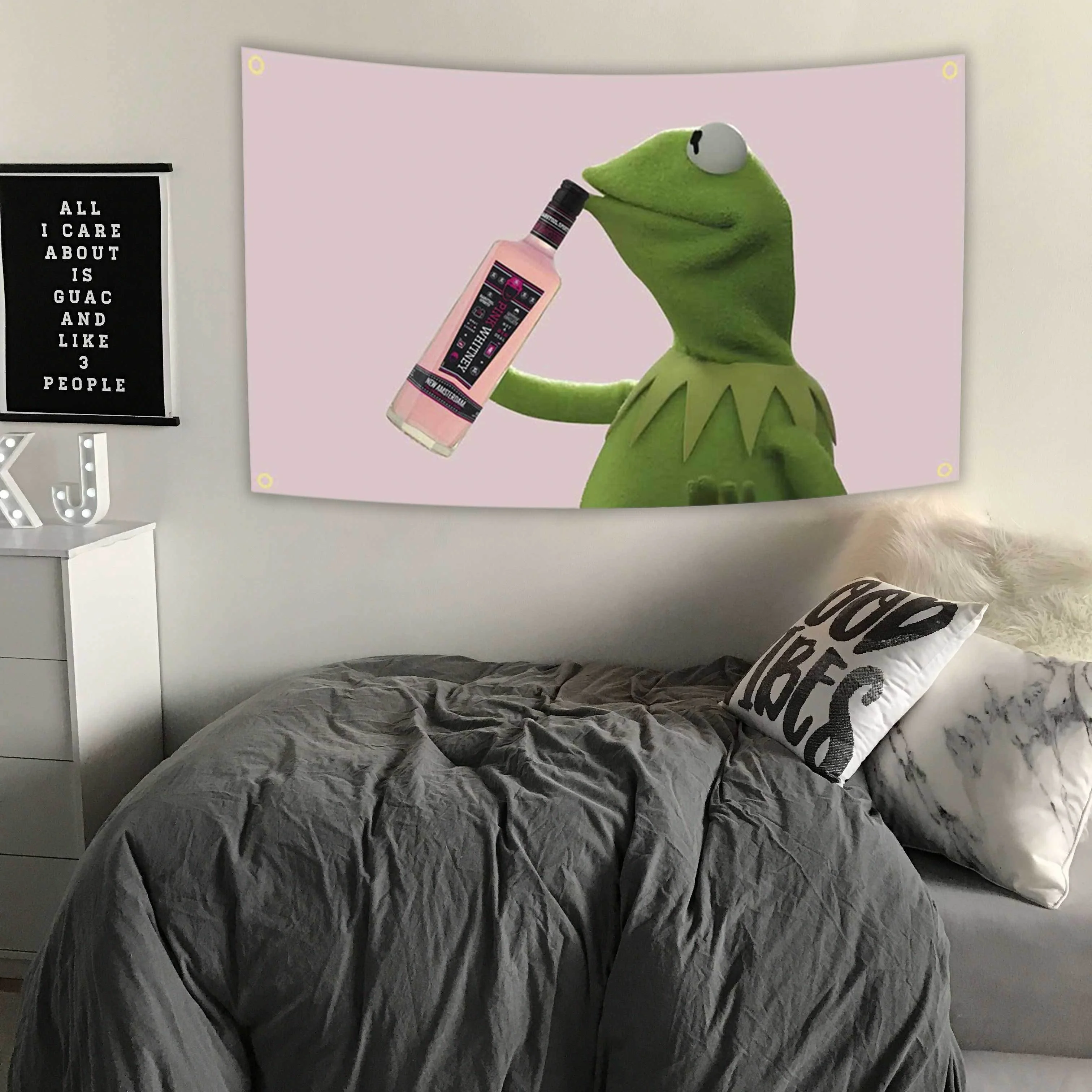 A Quirky and Fun Wall Tapestry: Add a Touch of Humor to Your Space with This Adorable Design Featuring Kermit the Frog Sipping