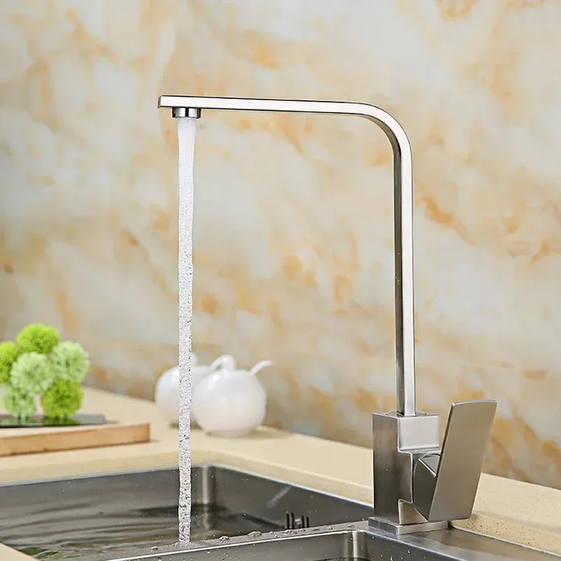 Square Kitchen Faucet Stainless Steel Deck Mounted Cold and Hot Water Sink Mixer Tap Swivel Spout Washing Basin Tap Deck Mounted