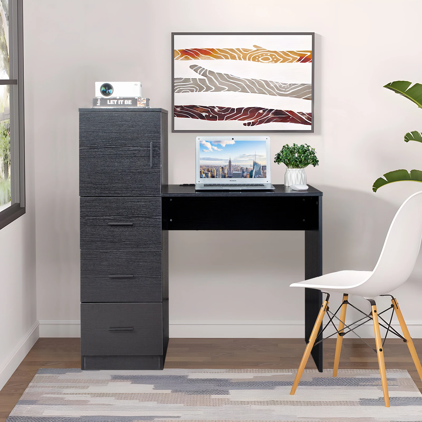 Embossed particle board with melamine H-type 104.5*49*120cm, one door and three drawers, computer desk, 2 USBs, 2 power sockets