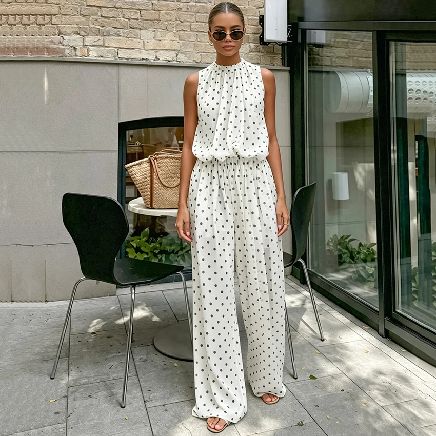 

Linad Vintage Chiffon Polka Dot Trousers Suit 2026 Casual High Waist Long Pants With O Neck Tank Top Two Piece Sets For Women
