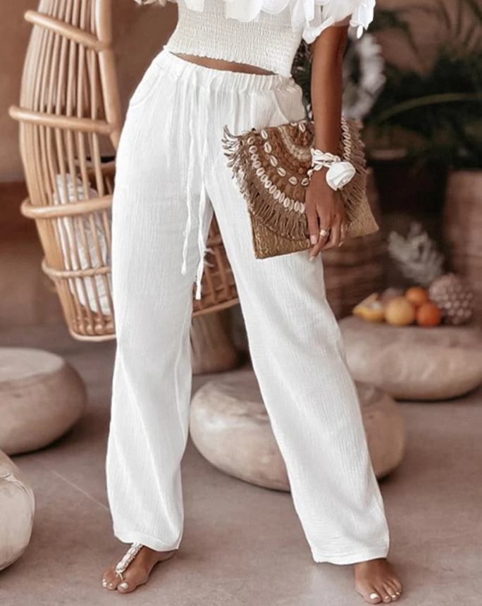 Elegant Women's 2-Piece 2024 Summer Fashion Set Curled Thin Mesh Off Shoulder Elastic Top and Drawstring Straight Leg Pants Set