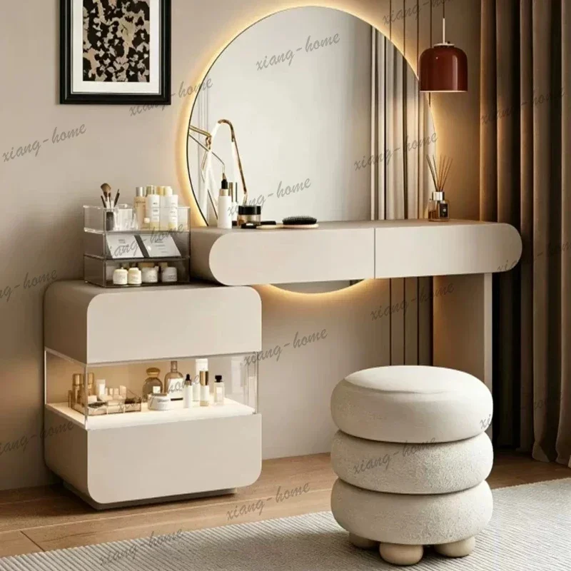 Extension Beige Vanity Desk Led Mirror Organizers Wooden Luxury Dressing Table Bedroom Drawers