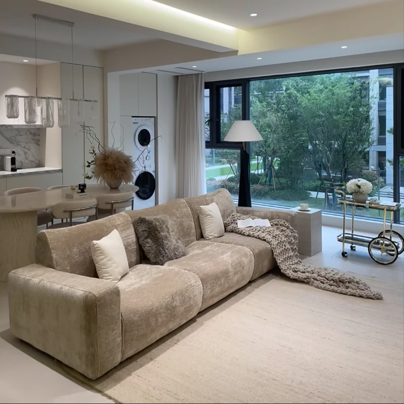 medium and ancient chenille sofa living room straight row large and small apartment fabric milk coffee color cream style sofa
