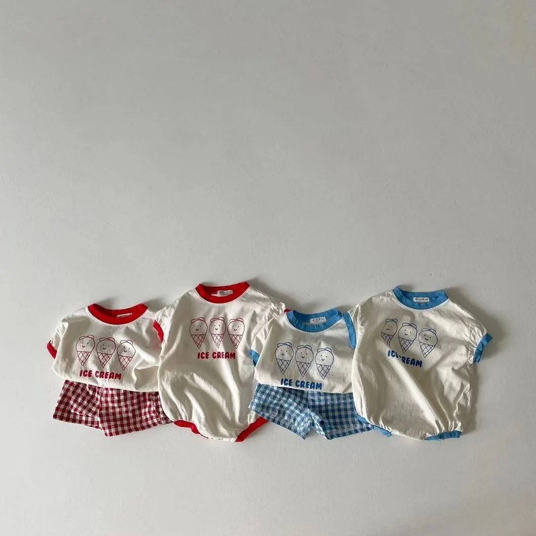 2023 Summer New Baby Cute Ice Cream Print Clothes Set Baby Short Sleeve T Shirts + Shorts 2pcs Set Cotton Casual Boys Girls Suit