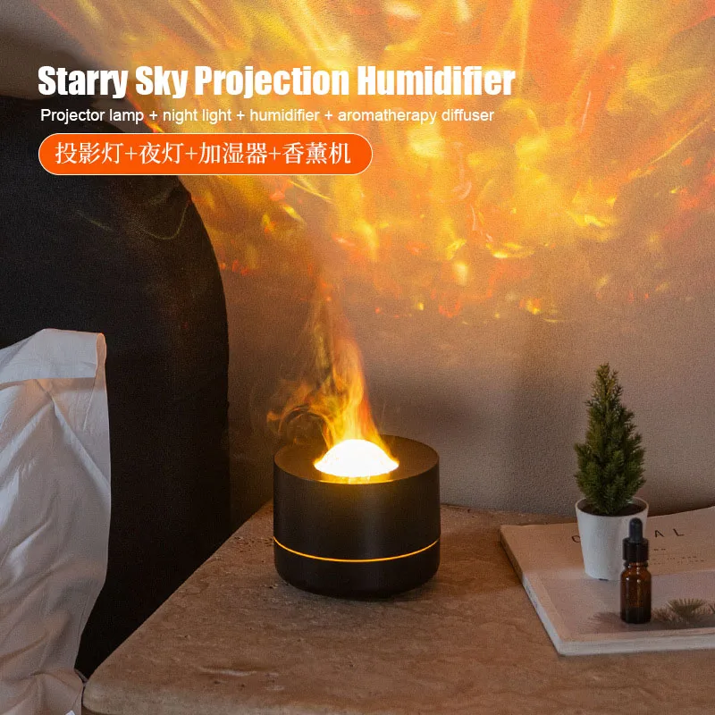 

Starry Sky Projection Humidifier Gift Desktop Colorful Flame Gradient Rotating Starry Sky Lamp Aromatherapy Machine Home Decor