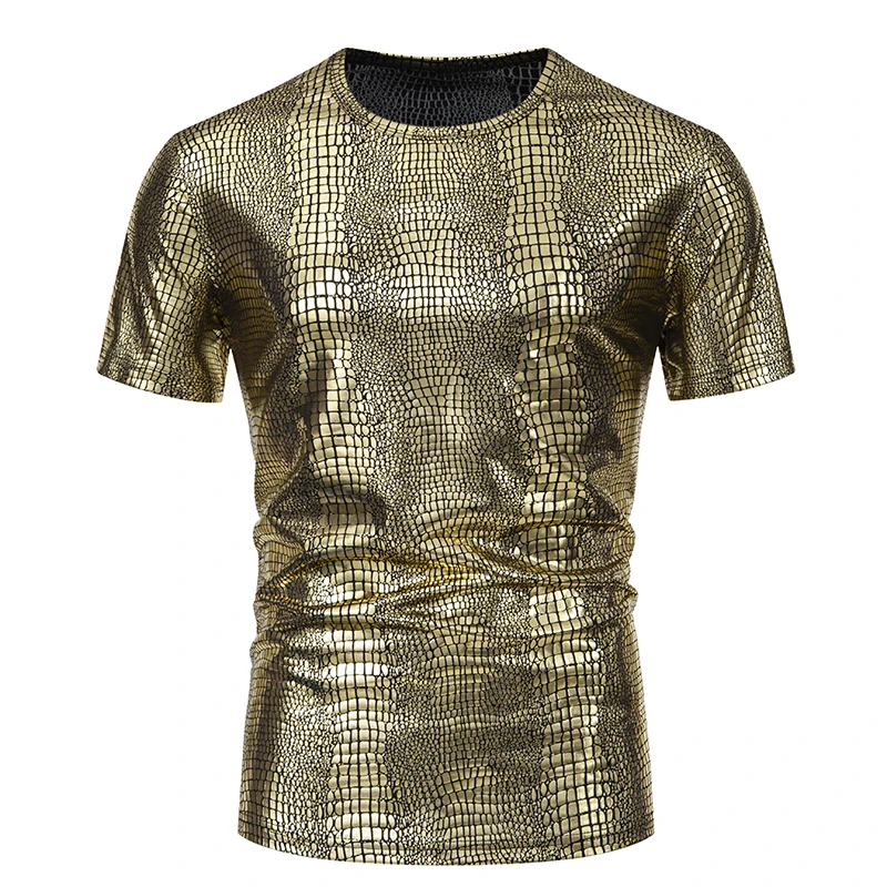 Summer Men\'s Shiny Metallic T Shirt Fashion Gold Stage Costume Short Sleeve Top Tees Disco Party NightClub T-Shirts