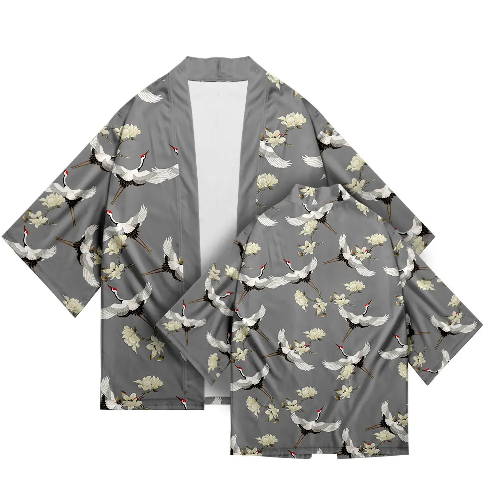 Japanese Kimono Skull Traditional Crane Print Cardigan Asian Clothing Harajuku Samurai Yukata Men's Shirts Hip Hop Streetwear