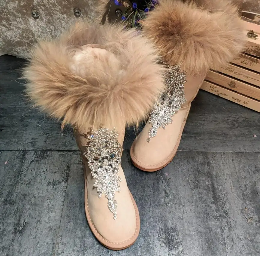 Fashion Real Raccoon Fur Diamond Crystal  Snow Boots Round Toe Warm Plush Thick Sole Women Winter Booties view 2