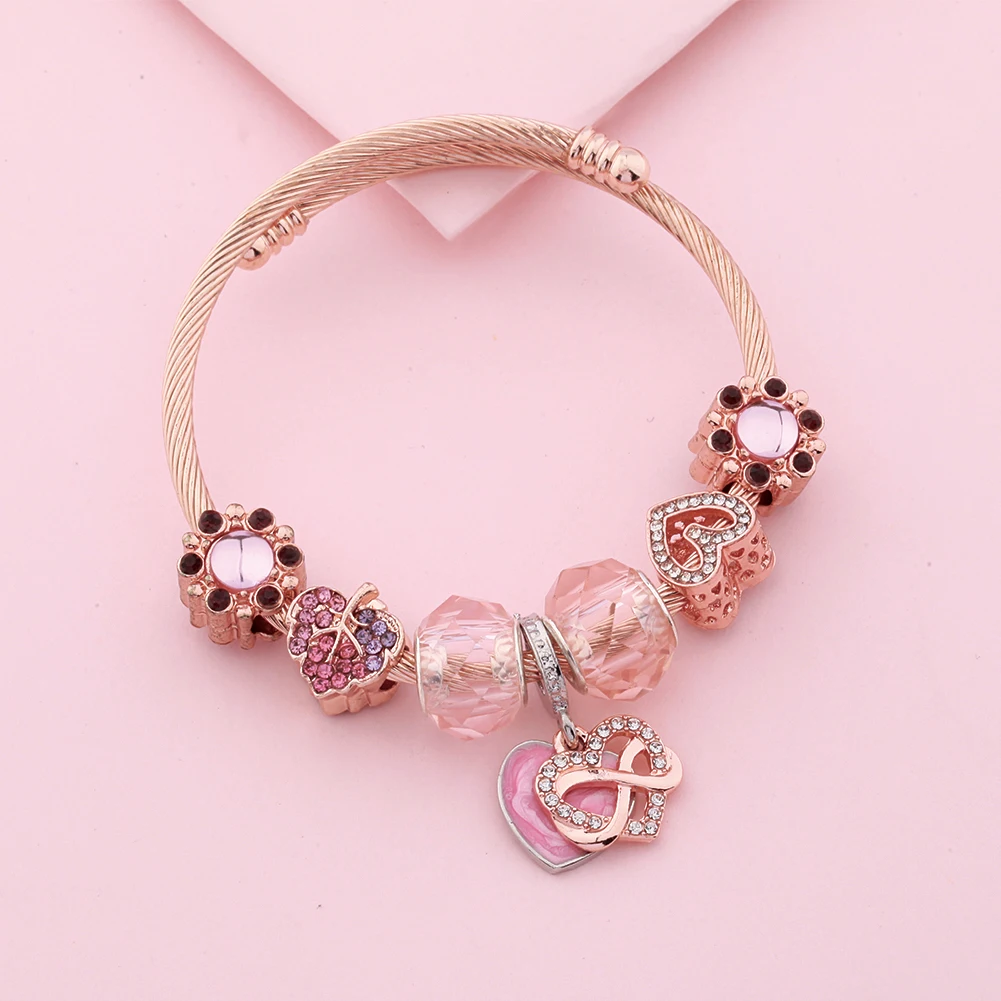 Romantic Pink Heart Stainless Steel Charm Bracelet Rose Gold Color Leaf Flower Bead BangleS Resizable Jewelry