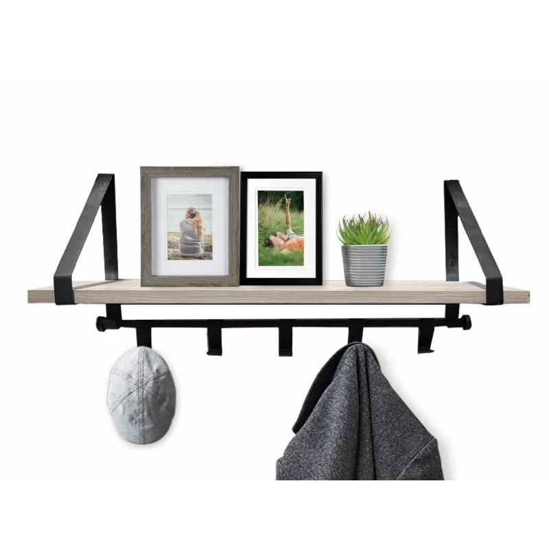 

23" Lightwood and Black Finish Shelf with Brackets and Hooks