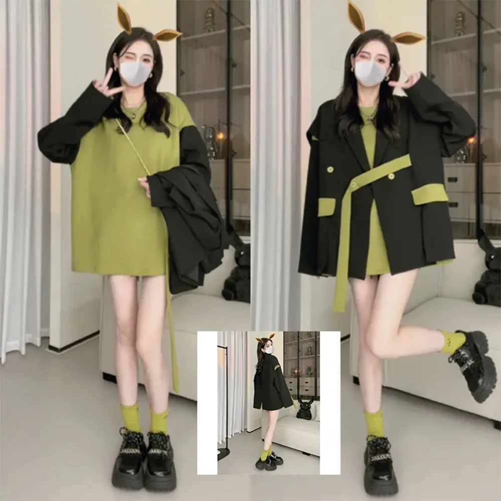 2024 Spring Color Contrast Suit Vest + Pullover Sweatshirt Two Piece Set Design Sense Sleeveless Coat Autumn Fashion Waistcoat