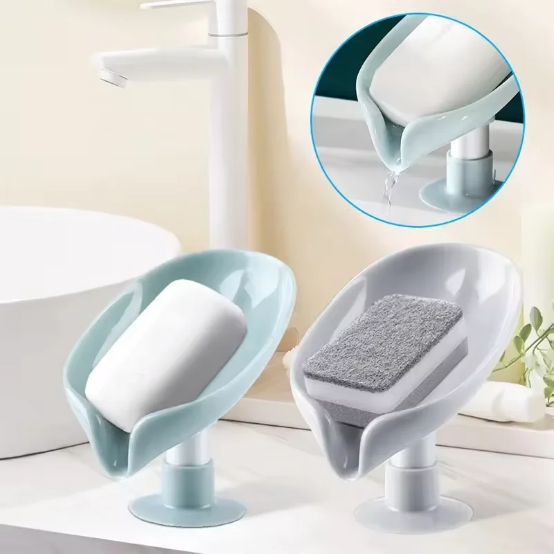 Soap Holder Leaf-Shape Self Draining Soap Dish Holder with Suction Cup Soap Dish for Shower Bathroom Kitchen Sink