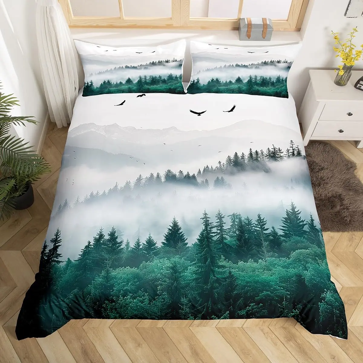 Smoky Mountain Forest Bedding Sets National Park Comforter Cover Misty Green Tree Duvet Cover Set Natural Scenery Quilt Cover