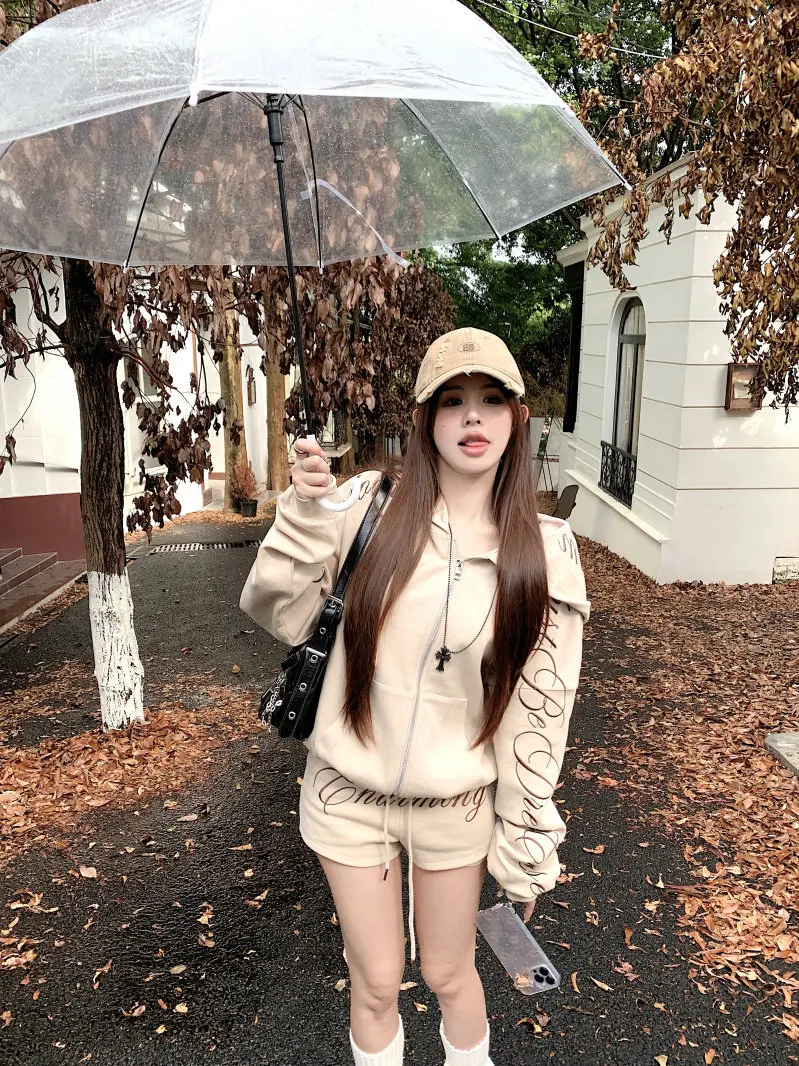Retro American Embroidered Letter Hooded Zipper Sweatshirt Jacket Women's High Waist Ultra-Short Pants Set Spring Casual Wear