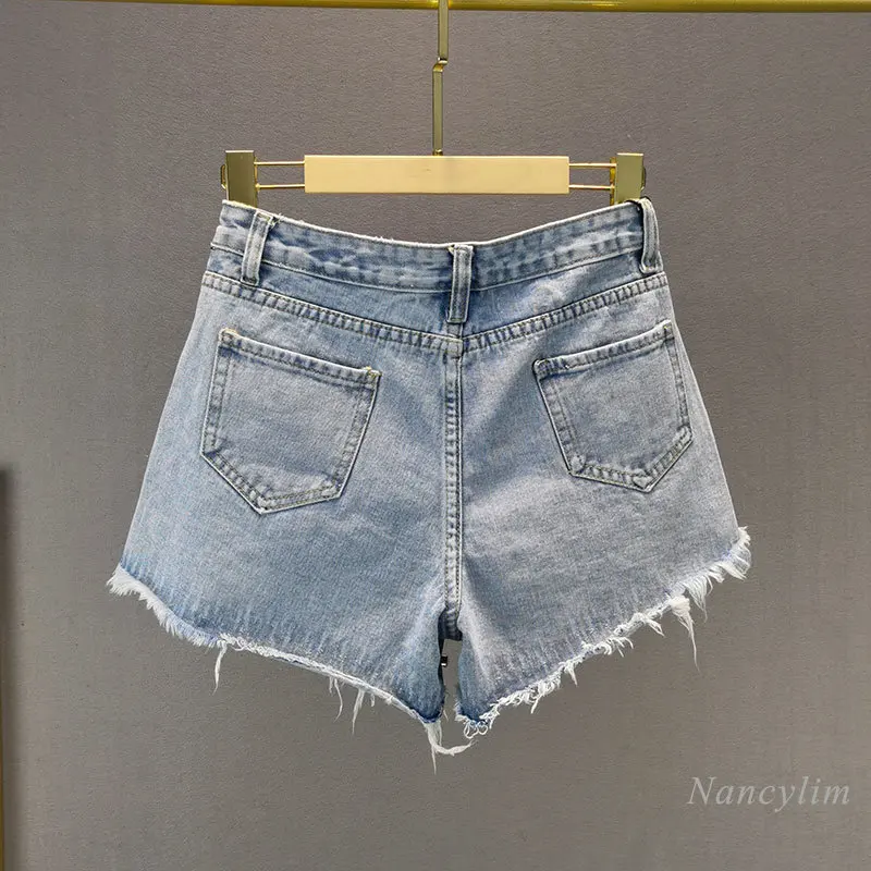 Ripped Wide-Leg Denim Shorts Women\'s 2023 Summer New High Waist Exquisite Rhinestone Hot Pants Ladies Streetwear Jean Shorts