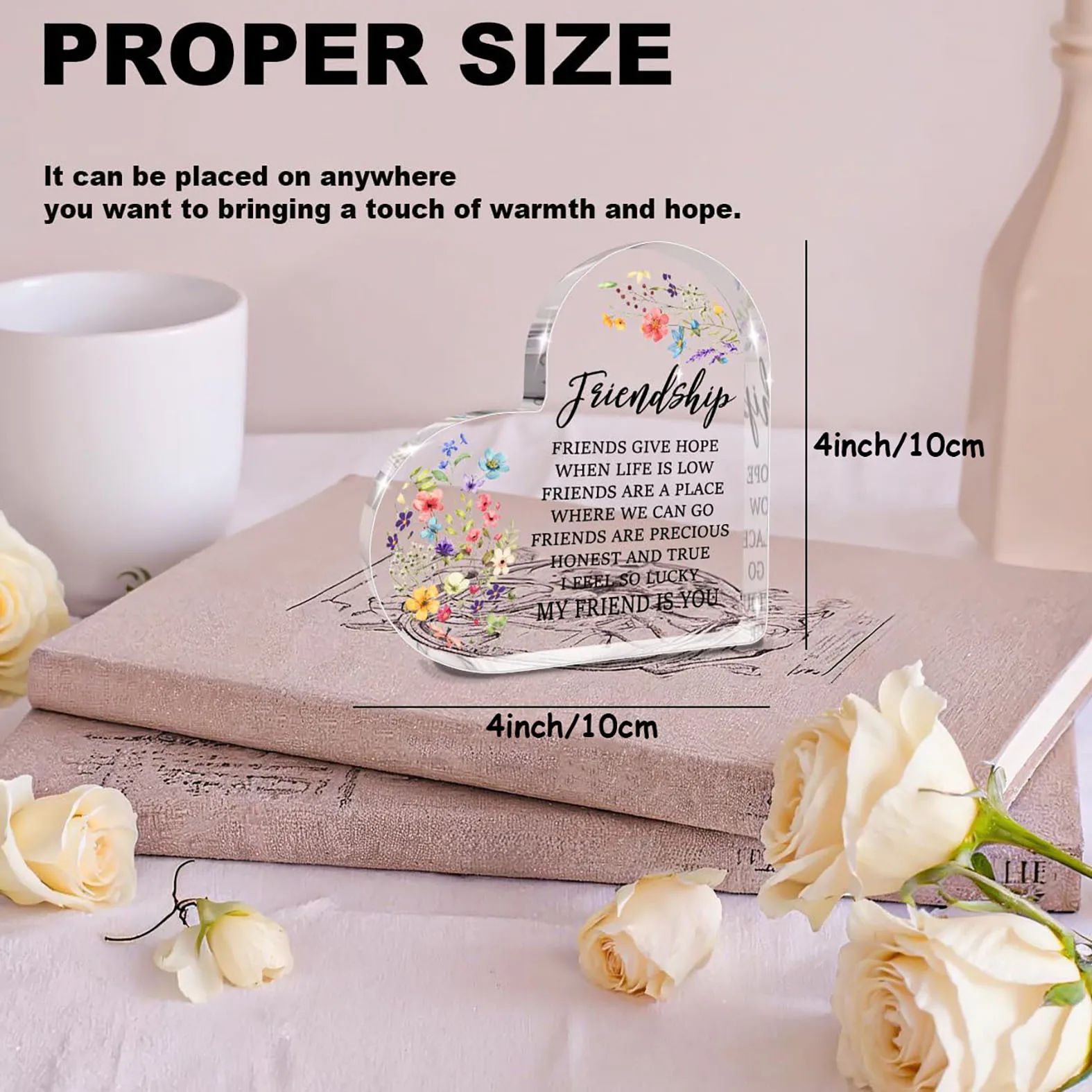 Heart Shaped Acrylic Friendship Thank‑You Gift, Floral Inspirational Quote Desktop Decoration