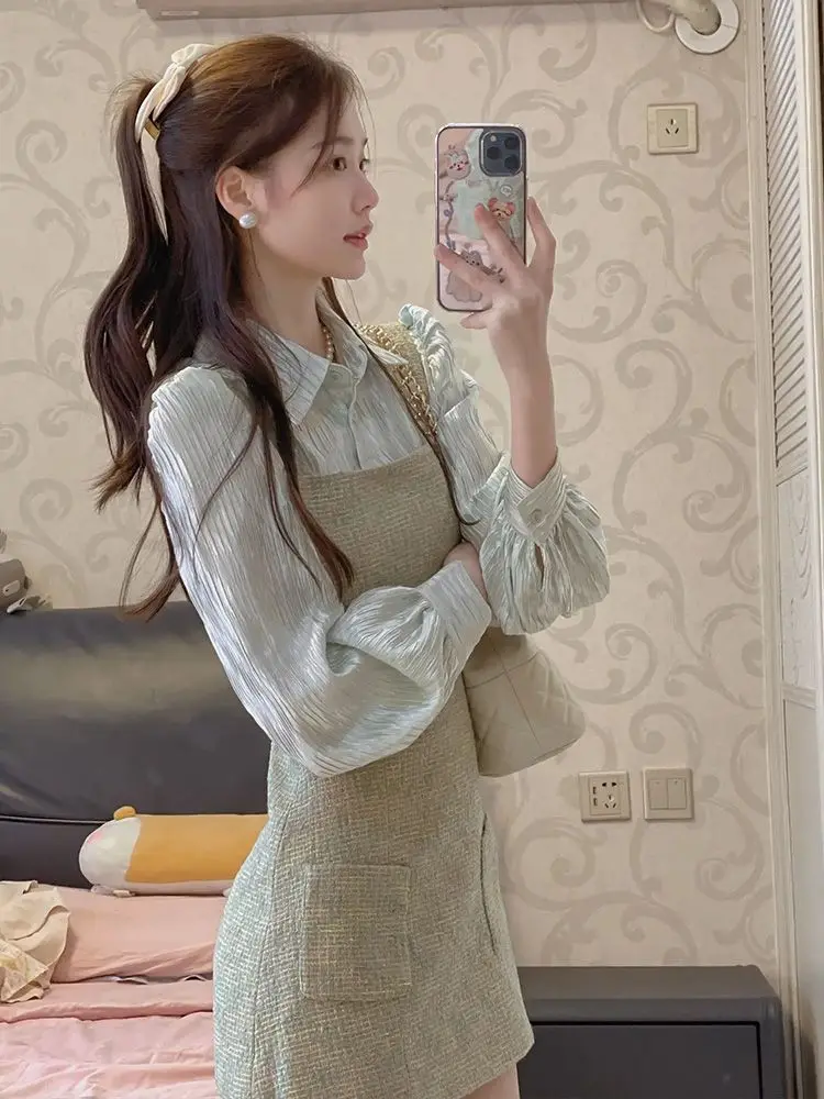 Wearing Set French Style Stunning Shirt Top Suspender Dress Two-piece Set Small Stature High-end Feeling