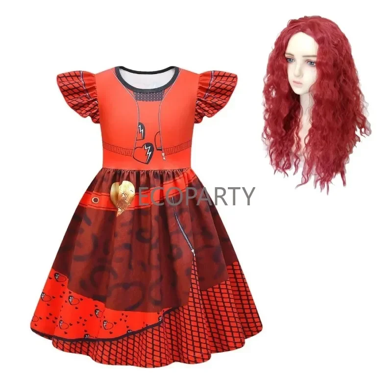 Descendants 4 Red Cosplay Costume Kids Movie The Rise of Red Chloe Princess Dress Girls Halloween Birthday Party Dress Suit Wig