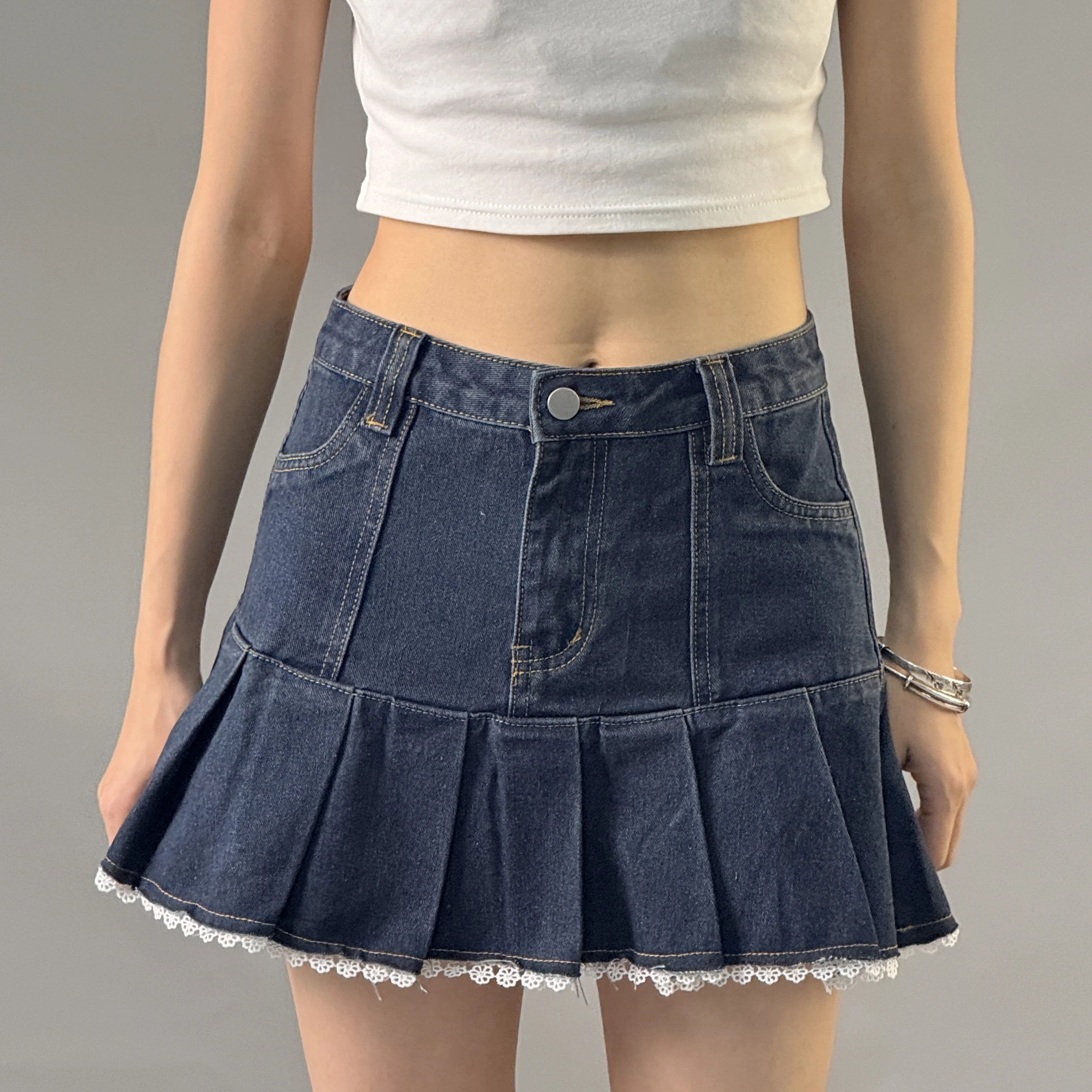 

Vintage inspired pleated denim half length skirt for women in summer New style High waist Slimming Lace patchwork A line skir