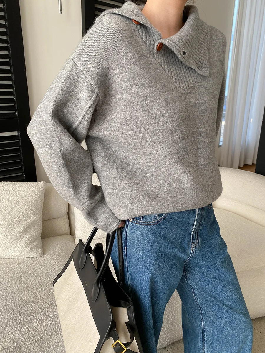 

Spring women's casual solid color fashionable irregular button lapel loose slimming knit sweater