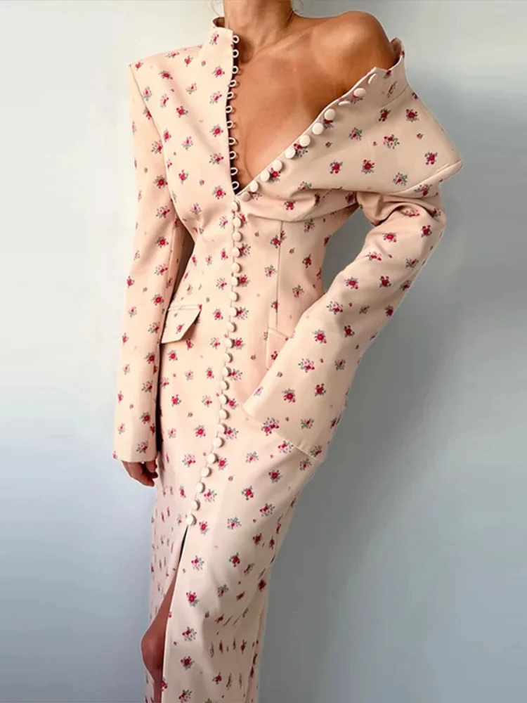 

Elegant Women's Floral Print Blazer Dress Single Breasted Slit Maxi Dresses Bodycon Party Evening Formal Gown 2026 New Outfit