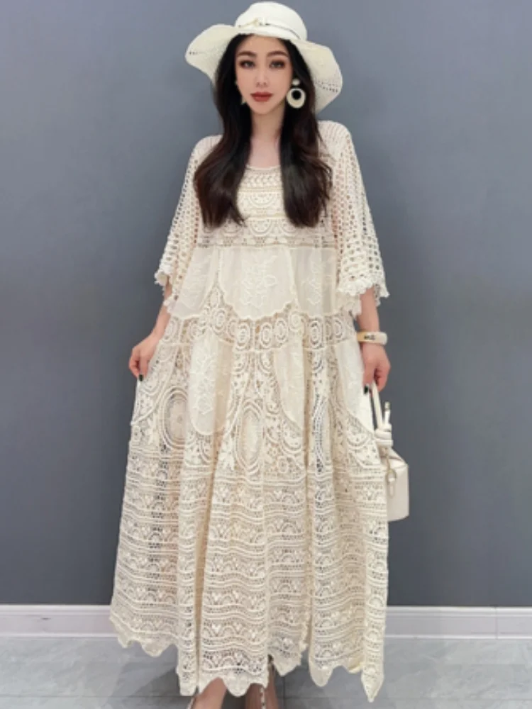 2024 Summer New Lace Dress Mid sleeved Mid length Skirt Hollow out Elegant Ladies Loose fitting Women Dress WXY042