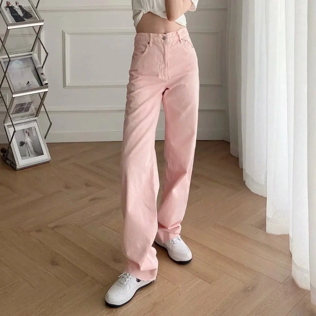 

High Waist Color Block Jeans Women's Loose Slim Wide Leg Pants Fashion Candy Burr Denim Floor-Length Trousers
