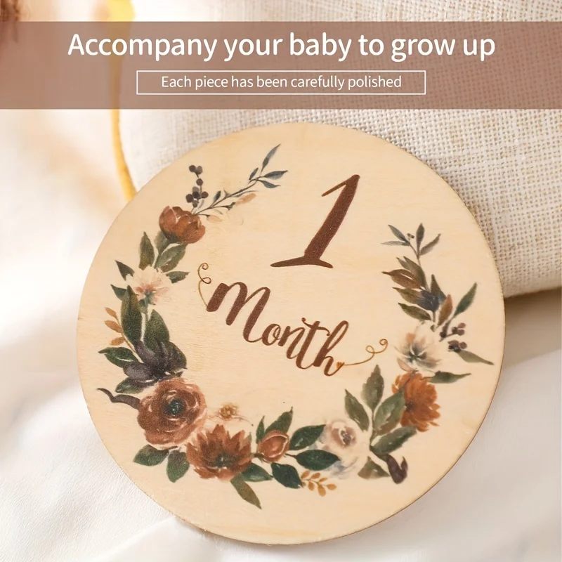 15PCS Floral Baby Monthly Milestone Cards Newborn Photography Props to Document Your Baby´s Growth Wooden Circles/Discs