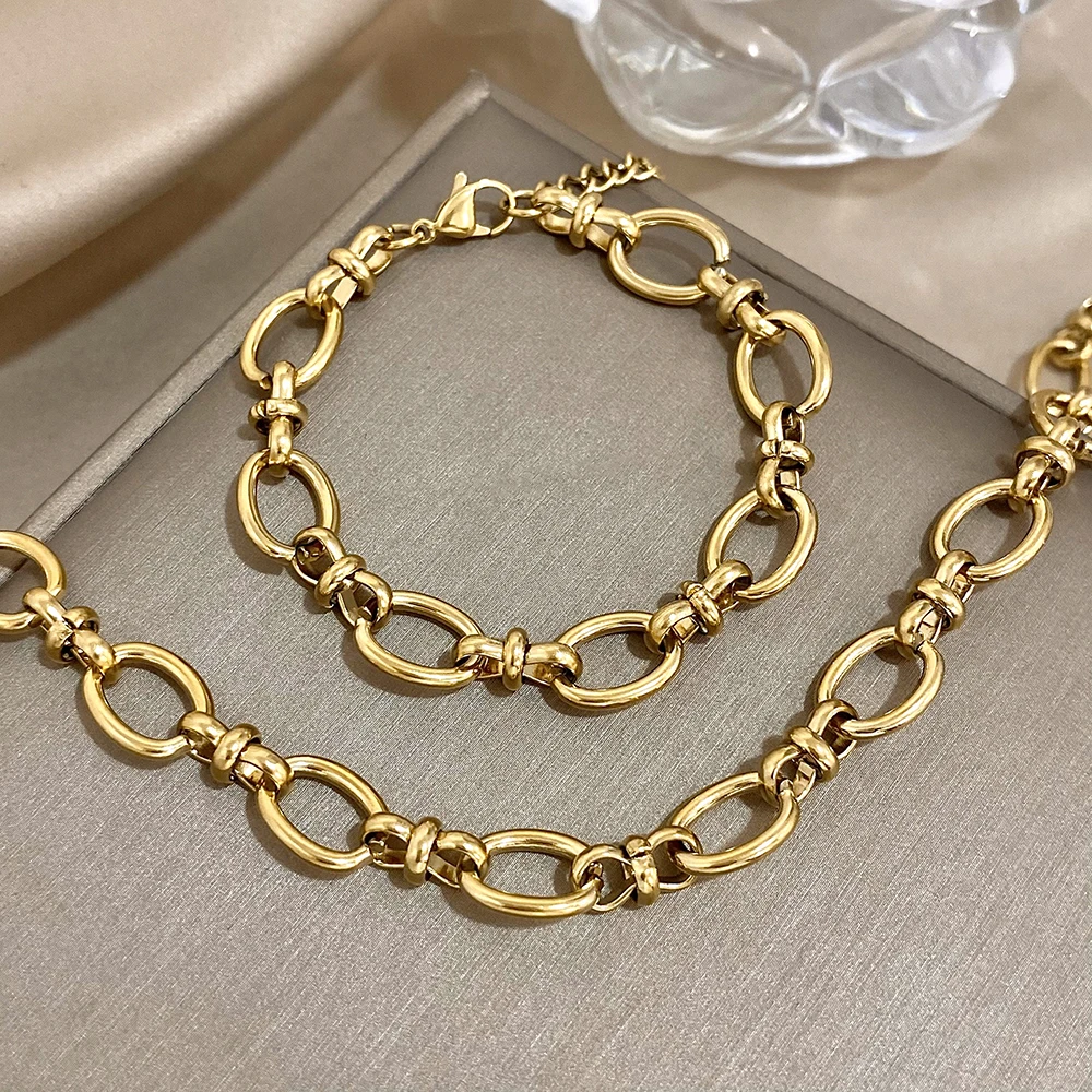 Greatera Waterproof Chunky Stainless Steel Oval Chain Bracelets for Women Gold Plated Metal Bracelet Party Statement Jewelry