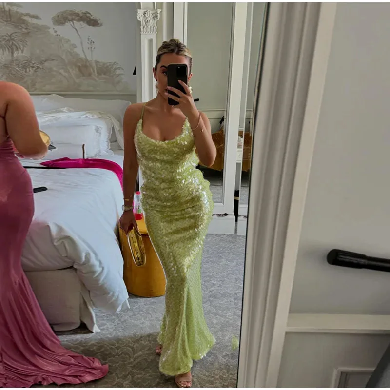 Sparkling Green Sequins Backless Women Sexy Maxi Evening Party Dress Spaghetti Straps Bodycon Clubwear Long Robe Birthday Outfit