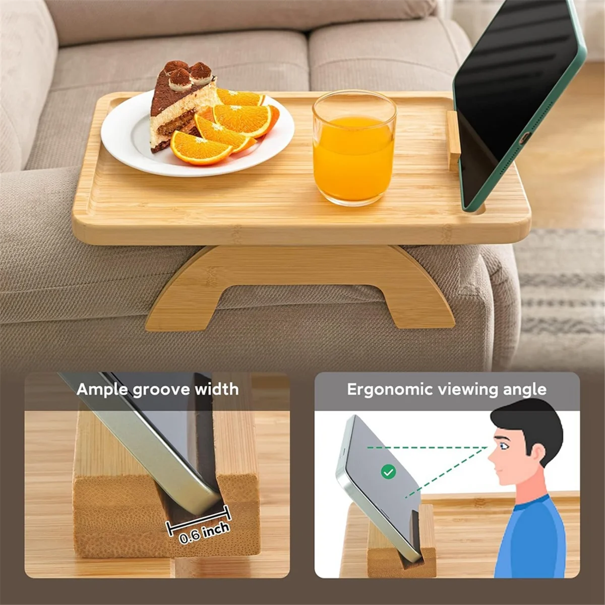 Clip de Sofá en la mesa lateral para sofás anchos, brazo, bandeja de sofá plegable con soporte de teléfono giratorio de 360 ° para comer/bebidas