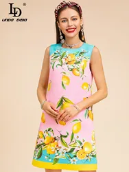 LD LINDA DELLA Fashion Runway Summer Short Tank Dress Women's Sleeveless Pink Lemon Flower Holiday Loose Mini Dresses Vestidos