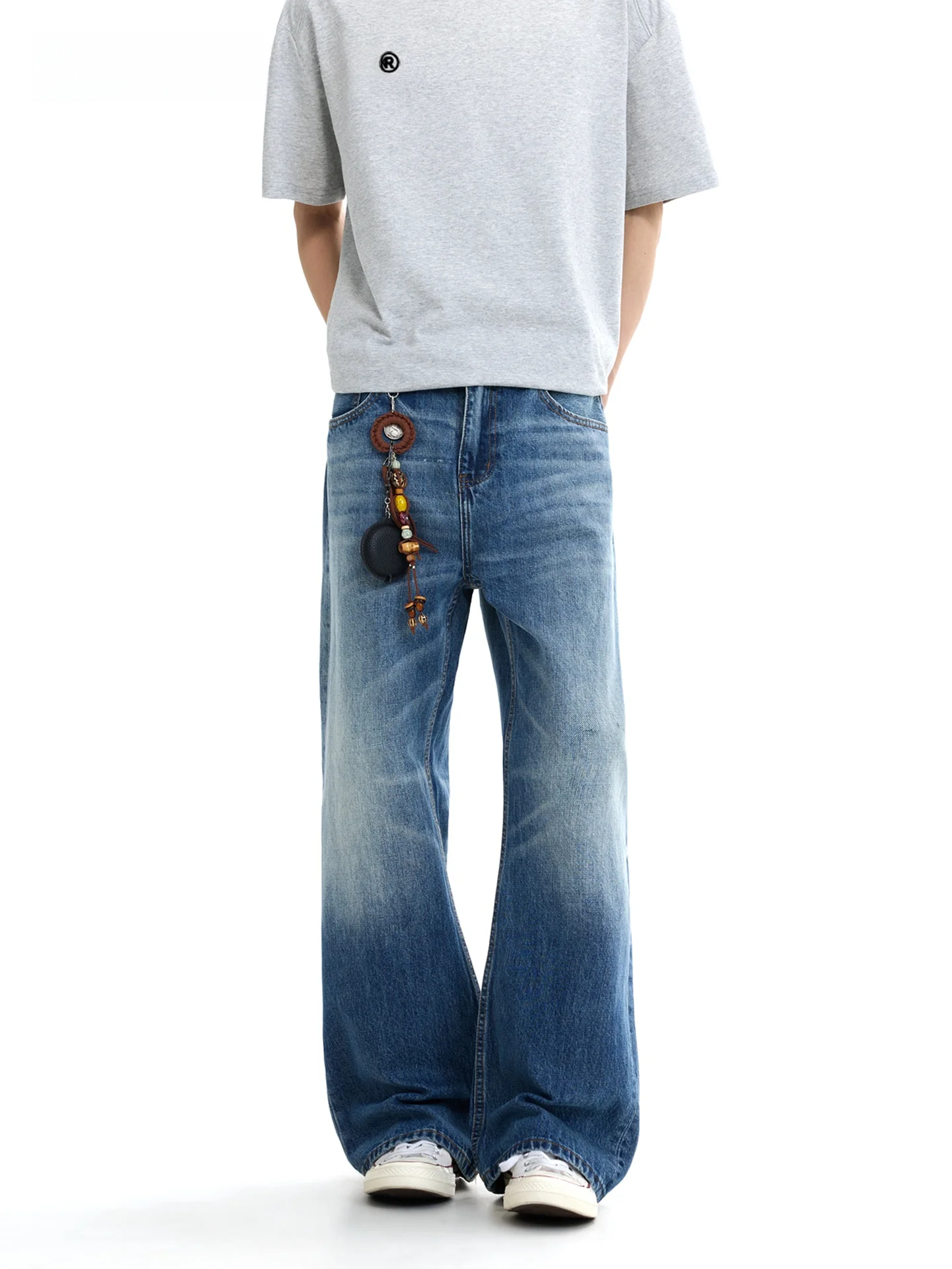 Sdmade American Retro Washed  Jeans Men Spring Loose Wide Leg Casual Pants Wear Resistant Cotton Polyester Blend