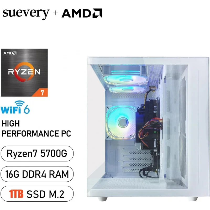 Gaming PC Nvme SSD 1TB 32GB RAM WiFi 6 Prebuilt Towers Desktop Computer White (White, 5700G, 1,TB, DOS, GB, 16)