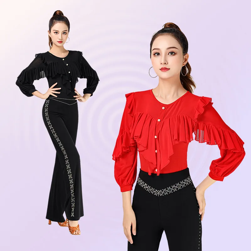 Dancewear Vrouwen Tops Latin Klassieke Dans Kostuum Samba Ballroom Tops Pole Effen Kleur Lange Mouw Avond Shirt Lijn Dans Top