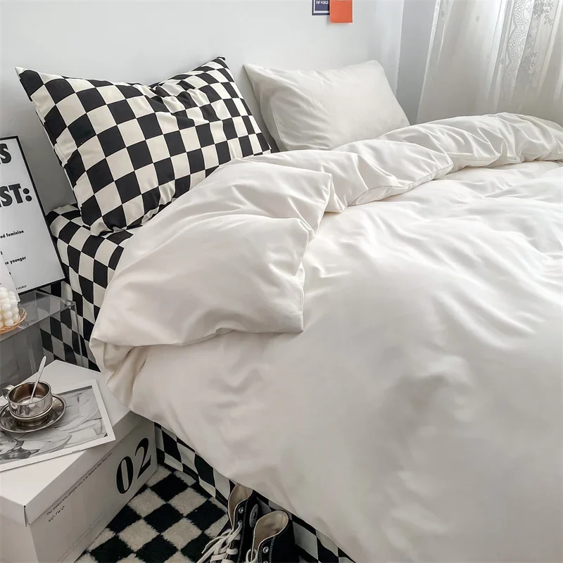 

Checkerboard Bedding Set Filler White Black Duvet Cover Pillowcase Flat Sheet Single Queen Size Washed Cotton Boys Bedclothes