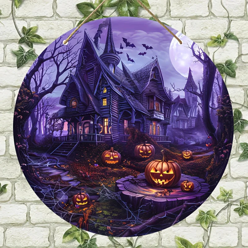 1 vintage Halloween wooden sign - a haunted house with pumpkin lanterns, a full moon and bats, and country circular decorations