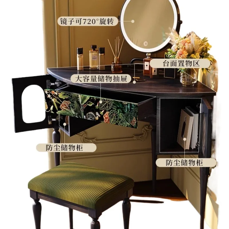 

Corner dresser, French retro small apartment, bedroom fan-shaped black ash wood solid wood makeup table